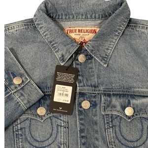 True Religion Mens Medium Jesse SN Trucker Denim Light‎ Blue Wash Jean Jacket